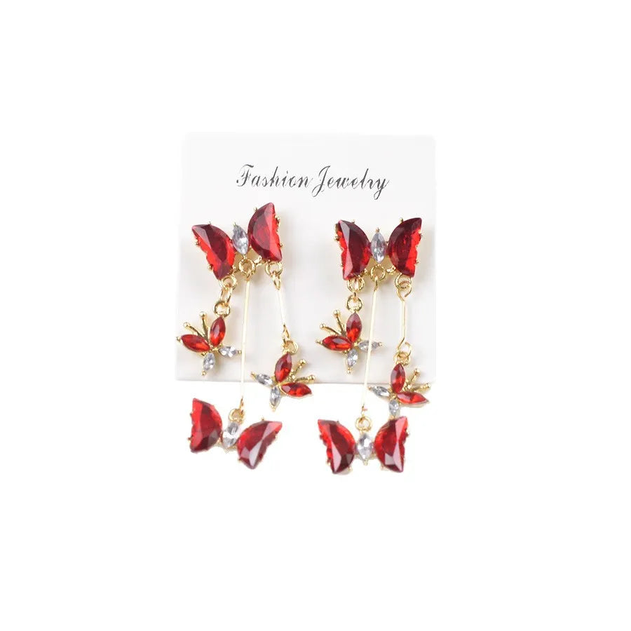 Butterfly fringe earrings in alloy and glass with electroplated finish, 1.8 x 5.3cm, light luxury style