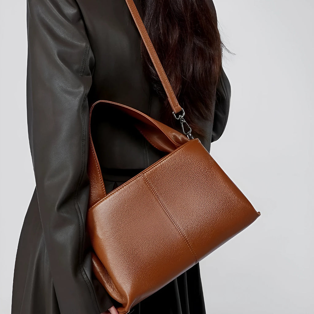 Women's retro texture cowhide messenger bag in horizontal square shape with double shoulder straps