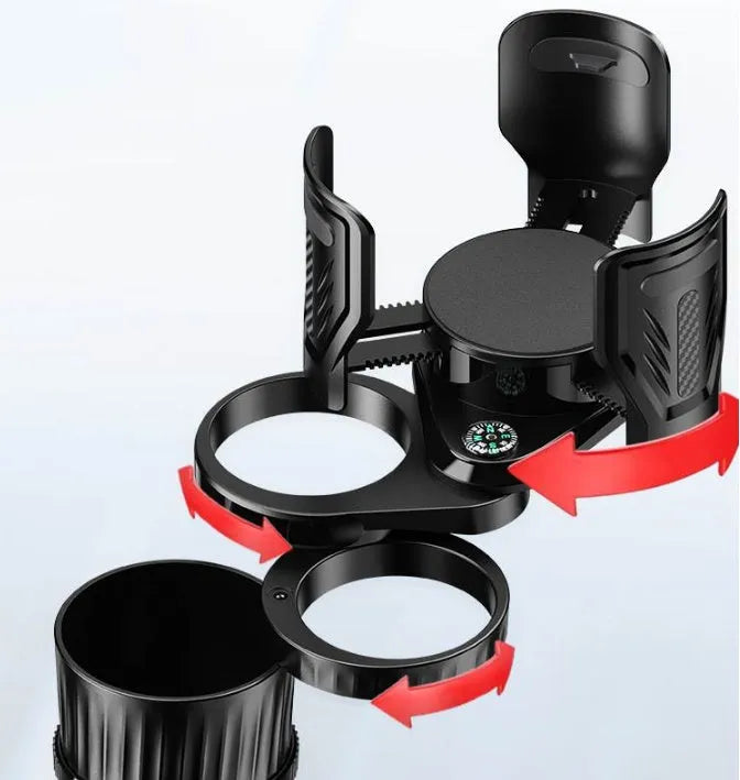 Black retractable car cup holder made of ABS plastic with adjustable base.