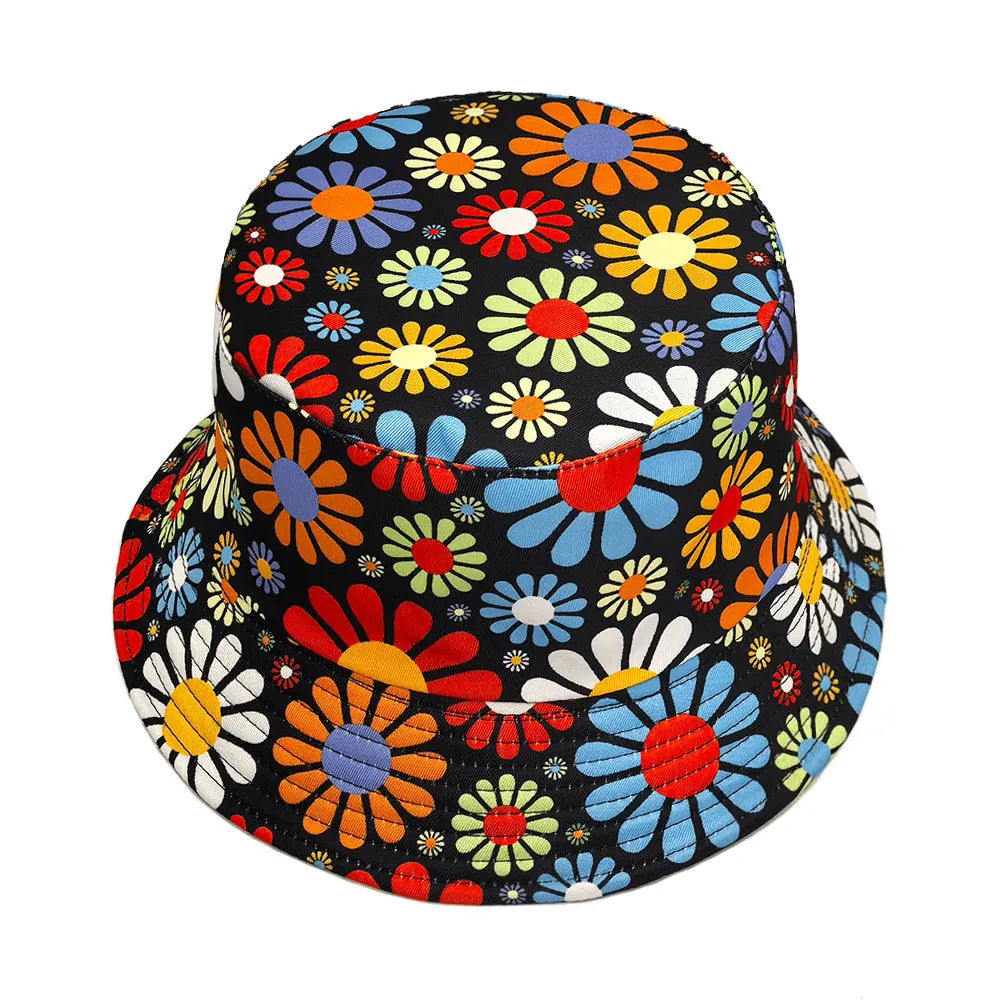 Flower pattern bucket sun hat with dome crown in polyester fabric