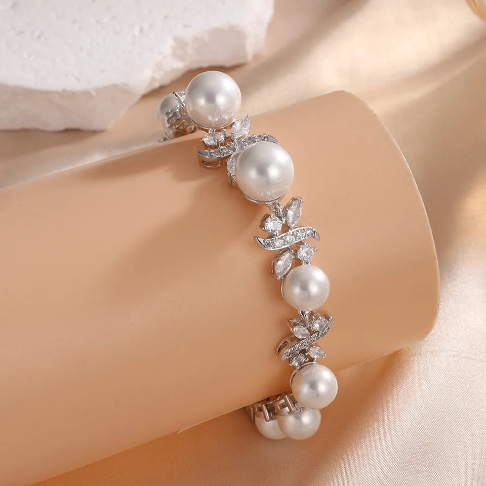 Vintage white pearl and zircon inlay bracelet on copper base with electroplated finish