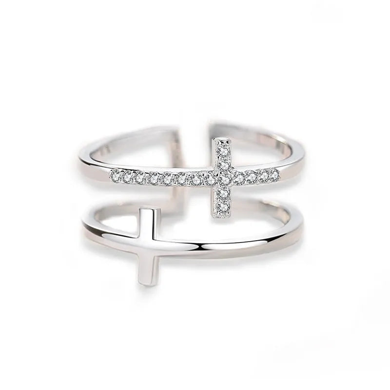 Women's adjustable double cross geometric ring with zircon inlay and white gold finish