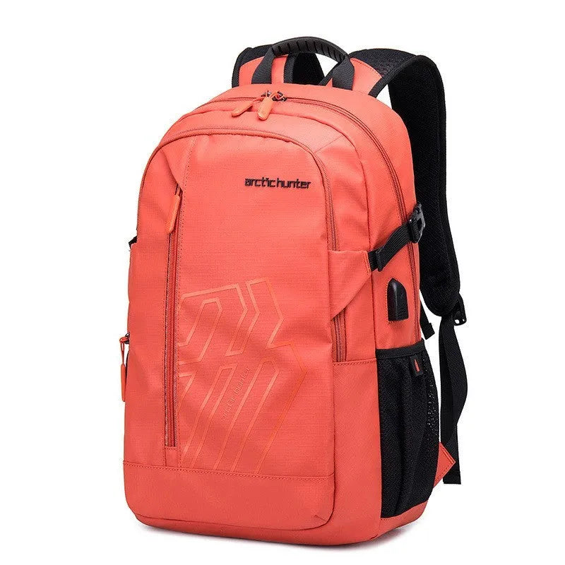 Casual blue plaid polyester 18-inch computer backpack with curved shoulder straps laid flat.