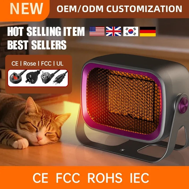 Grey PTC ceramic desktop heater with rotatable base on wooden desk