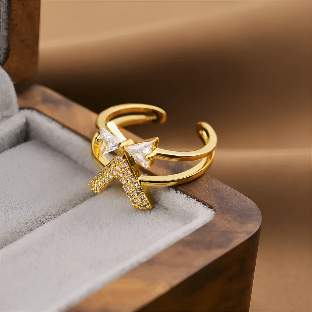 Open geometric gold electroplated ring with Korean fashion design on adjustable display
