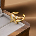 Open geometric gold electroplated ring with Korean fashion design on adjustable display