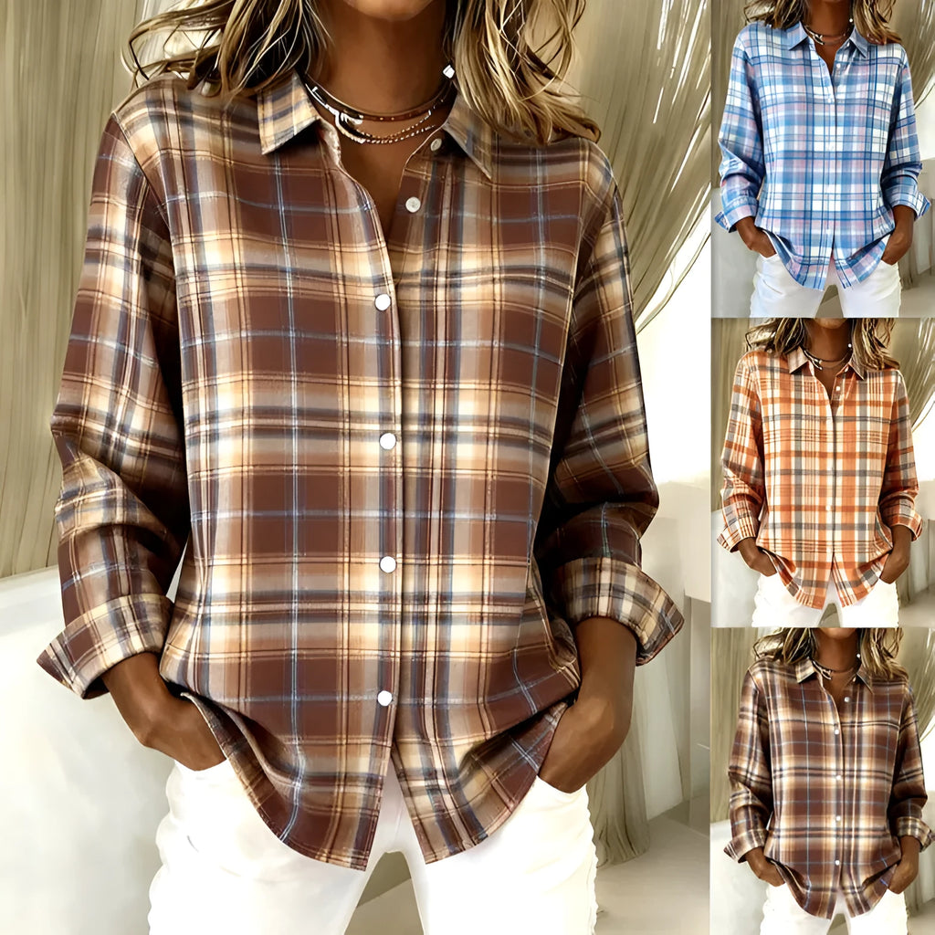Women's long-sleeved lapel plaid button shirt top in polyester cotton blend, retro cardigan style, light brown colour