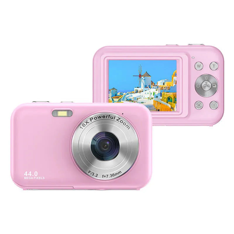 Children's digital camera in black, green, pink, or purple with 2.4-inch screen and lens.