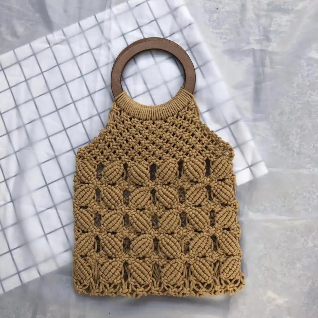 Handmade rope straw shoulder bag in solid colour with hard handle and cotton lining