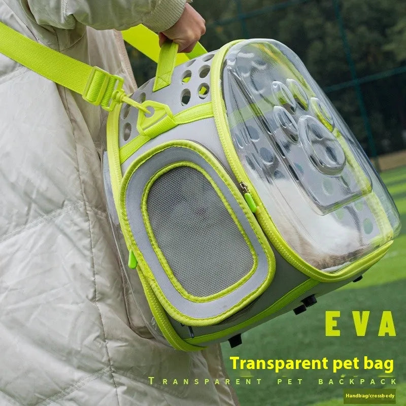 Large transparent EVA hard-shell cat backpack in grass green, showing space capsule design for pets up to 9kg.