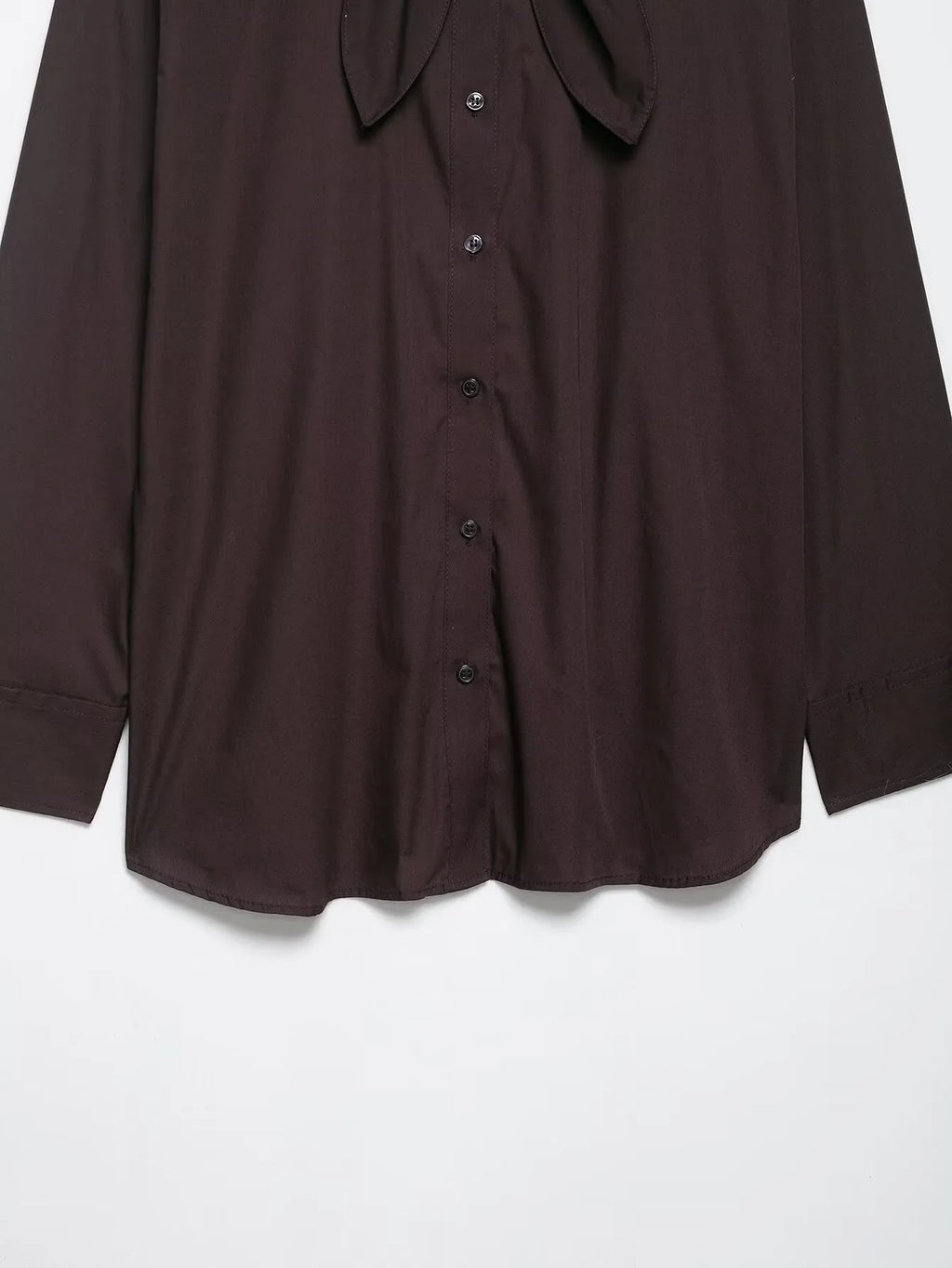 Brown loose fit women's long sleeve poplin shirt with a bow tie scarf