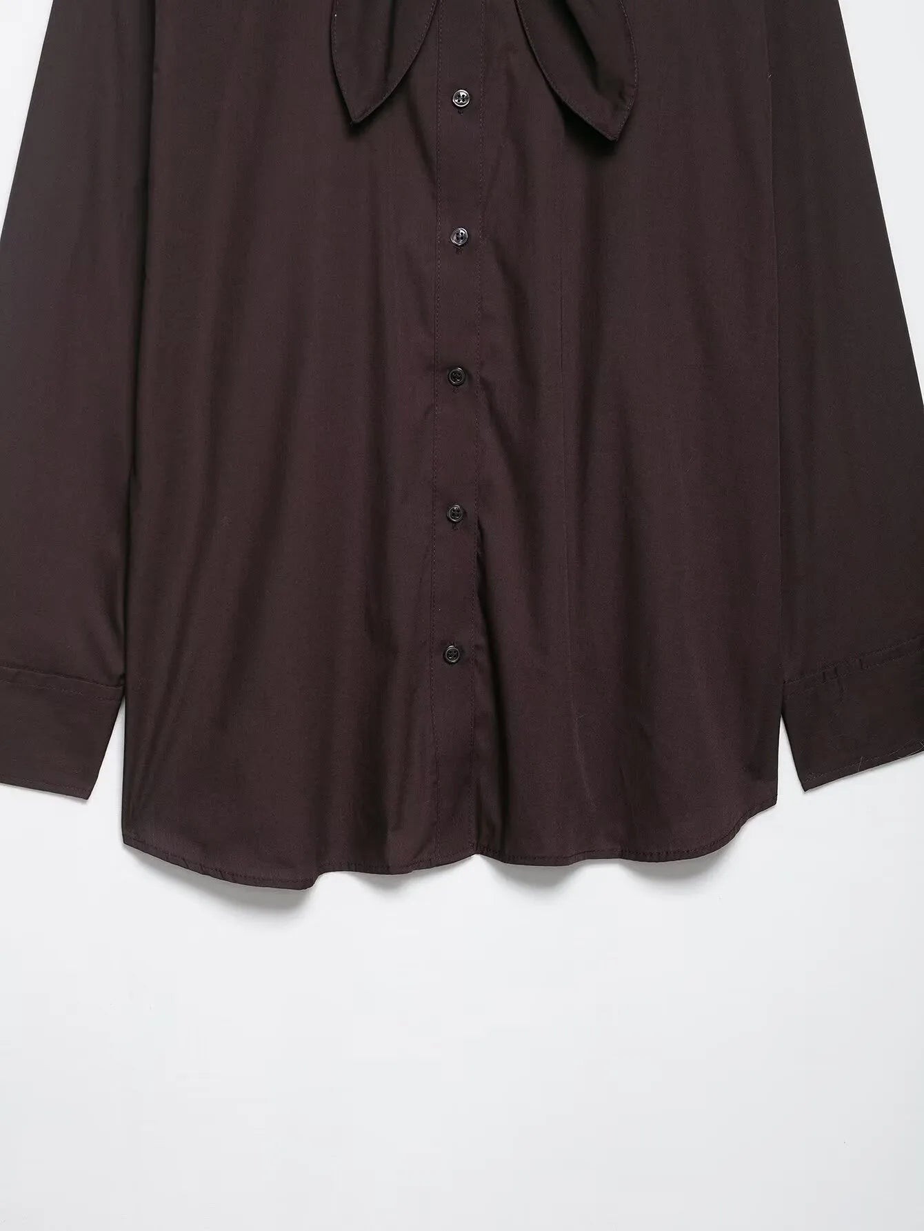 Brown loose fit women's long sleeve poplin shirt with a bow tie scarf