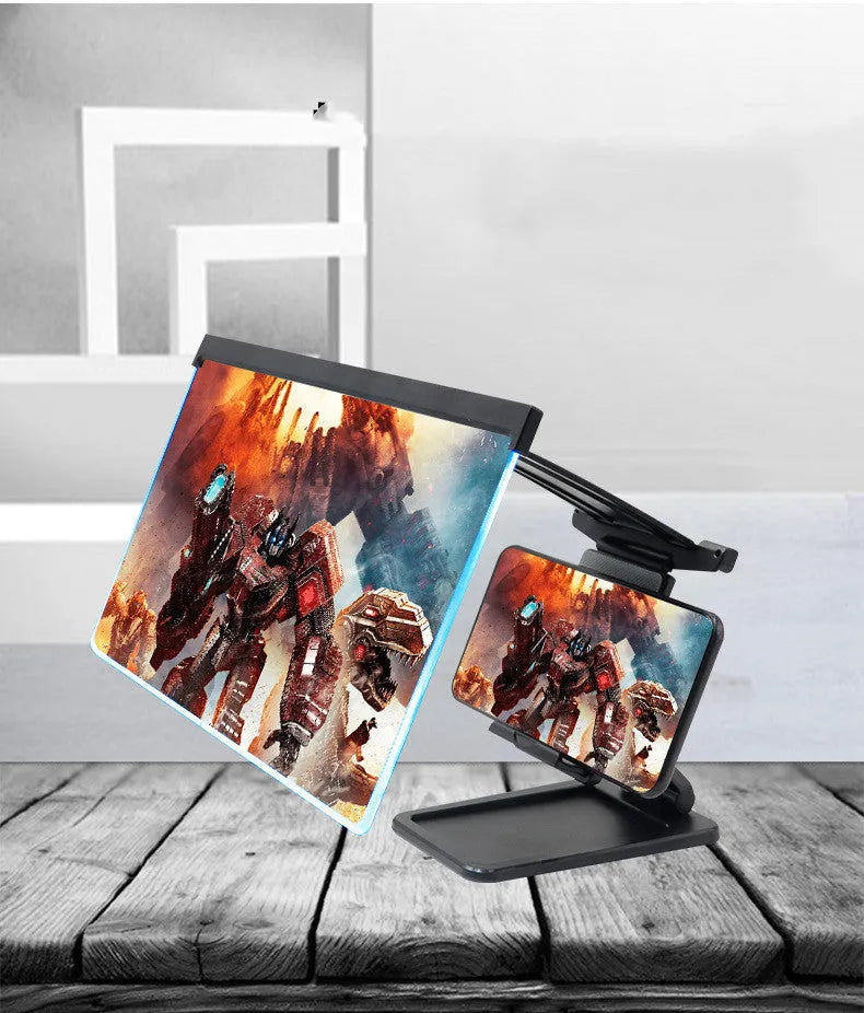 Black folding mobile phone screen amplifier with detachable holder showing 12 inch curved display