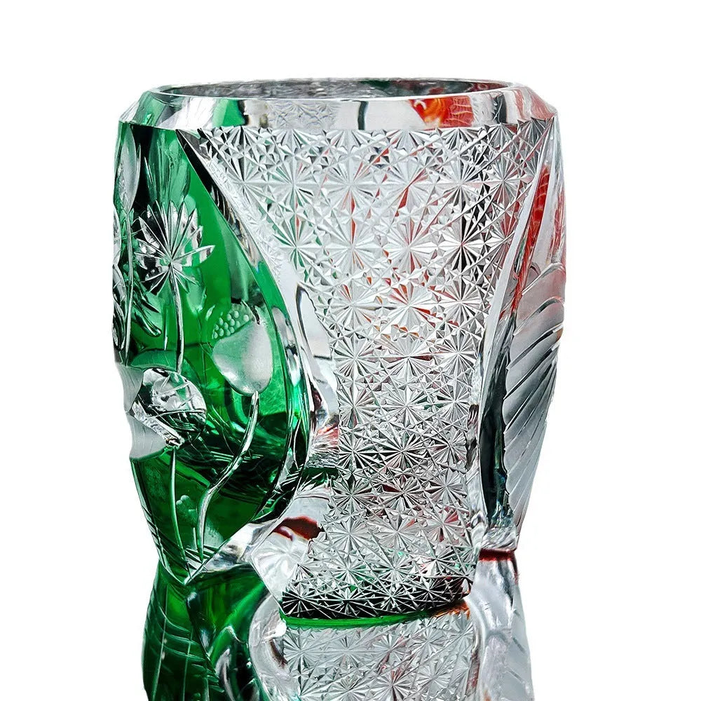 Edo crystal glass whiskey shot glass with carved cylindrical pattern in assorted yellow green