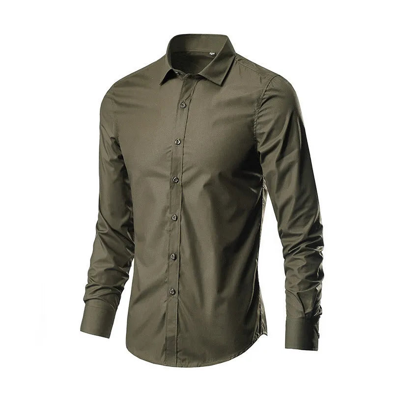 Simple trendy long-sleeve slim linen shirt in loose fit available in multiple colours including black brown and navy blue