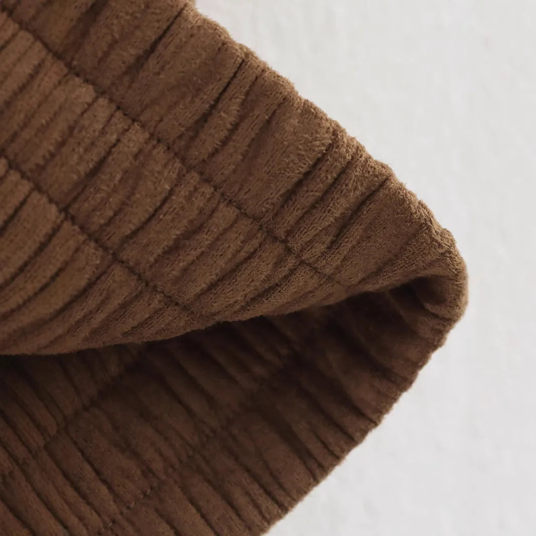 Casual suede textured jacket with pocket decoration, loose fit, long sleeves, brown and khaki colours, front view