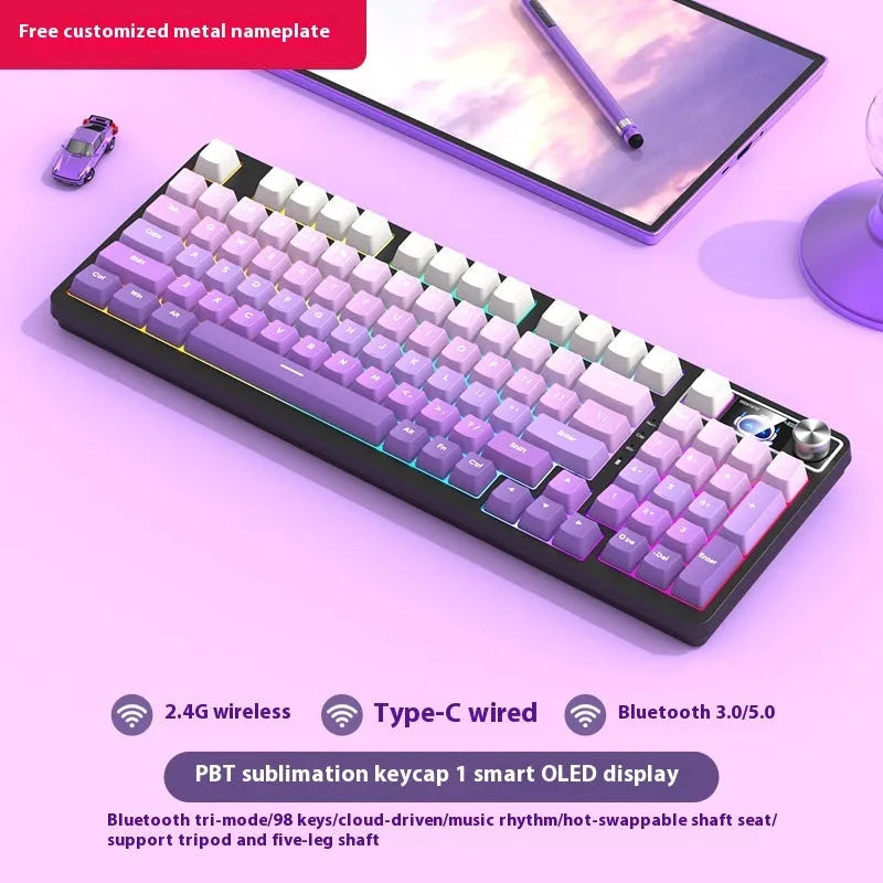 98-key wireless Bluetooth mechanical keyboard kit with metal knob and multiple colour background options