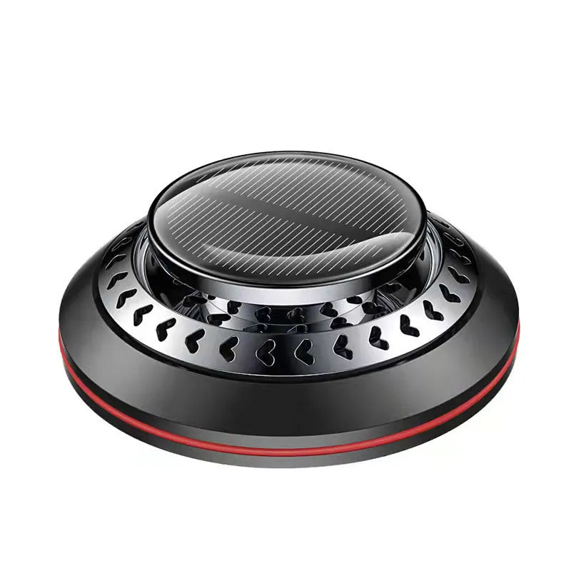 Solar car perfume and odour eliminator with aluminium alloy case in black, red, or silver colours