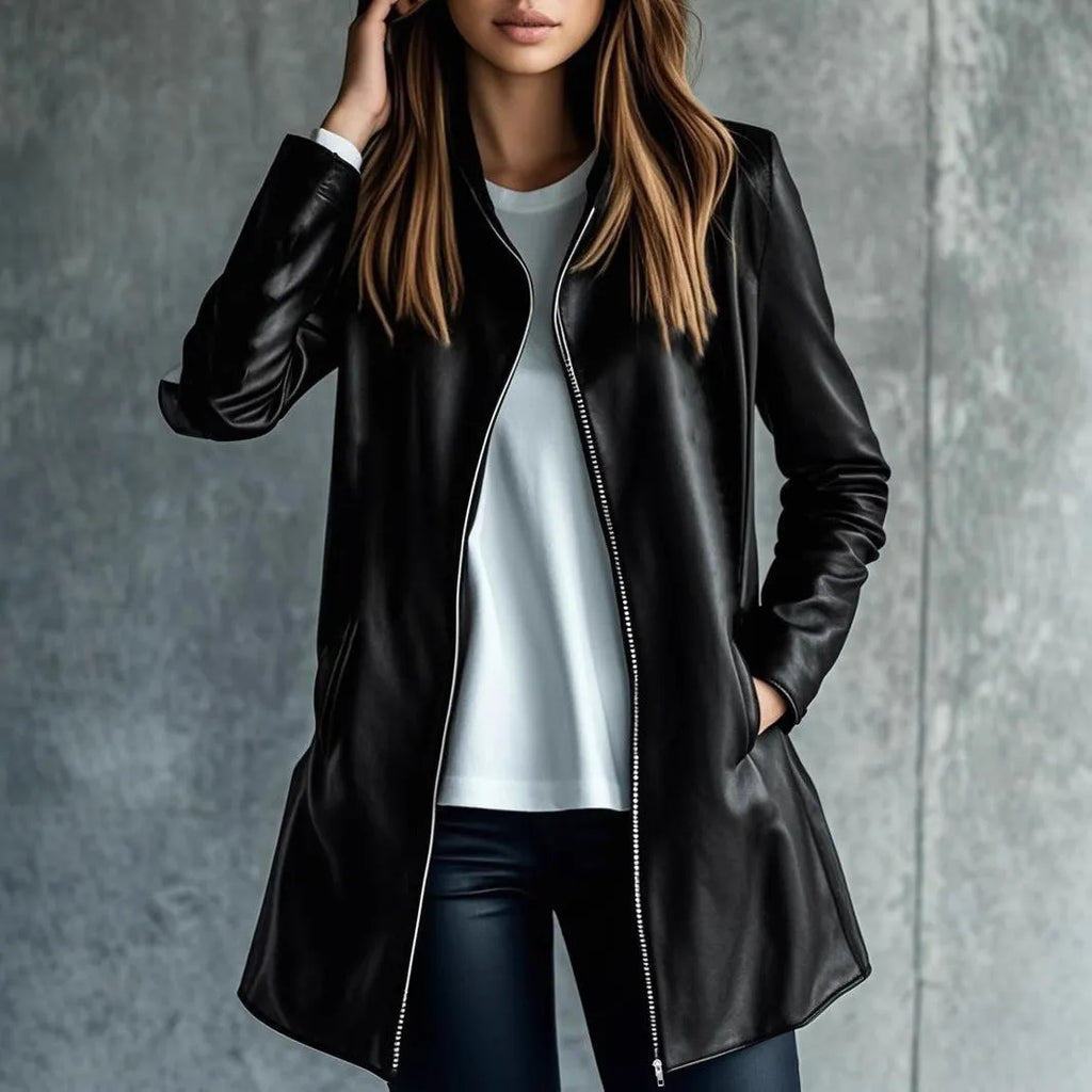 Black women's leather jacket medium length 65cm with long sleeves