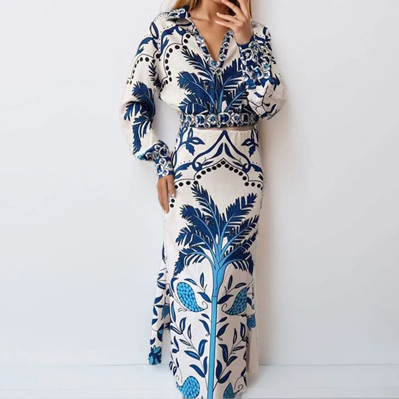Women's floral print co-ord set with long sleeve top and matching long skirt trousers