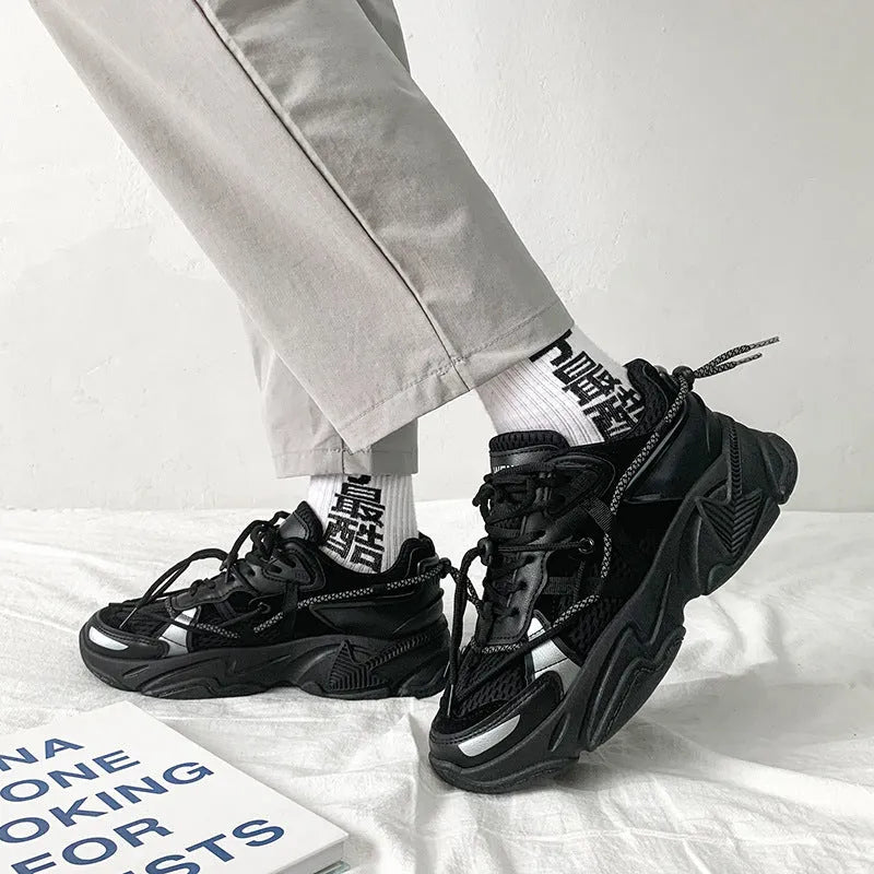 Men's white platform dad shoes with thick sole and lace-up front, Korean style.