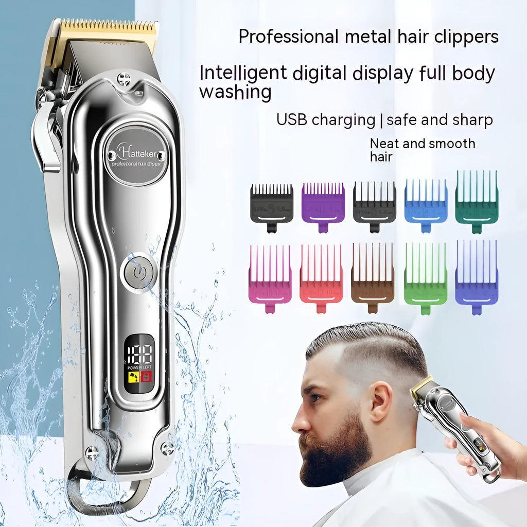 Silver rechargeable hair clipper with LED LCD display, 10 guide combs, and USB cable on a table