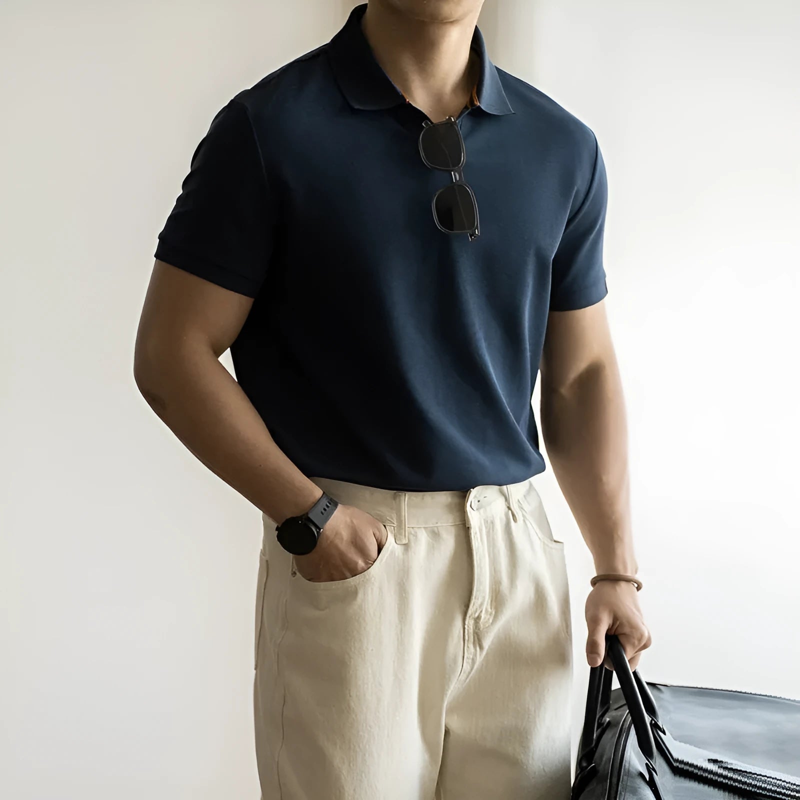 Blue cotton polyester polo shirt with short sleeves and regular fit for summer casual wear