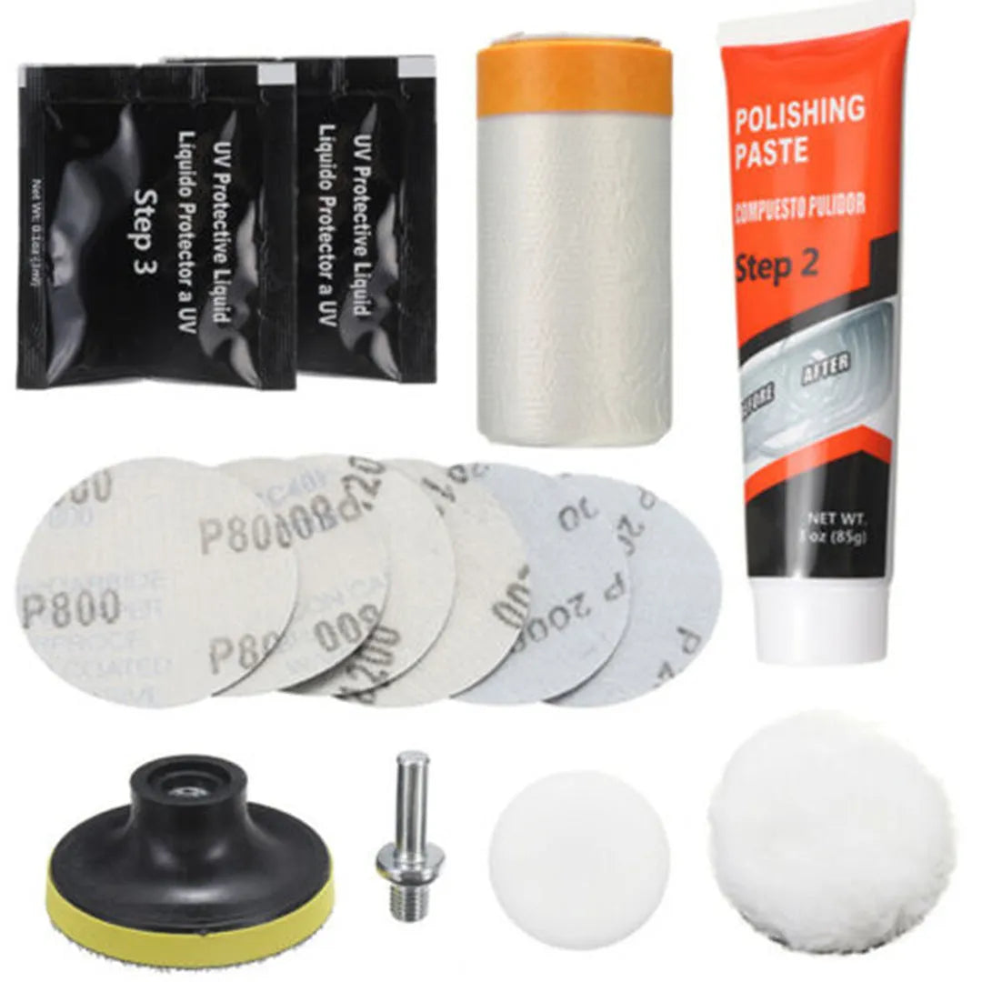 Carbon steel headlight repair tool kit for automotive maintenance with vehicle tools