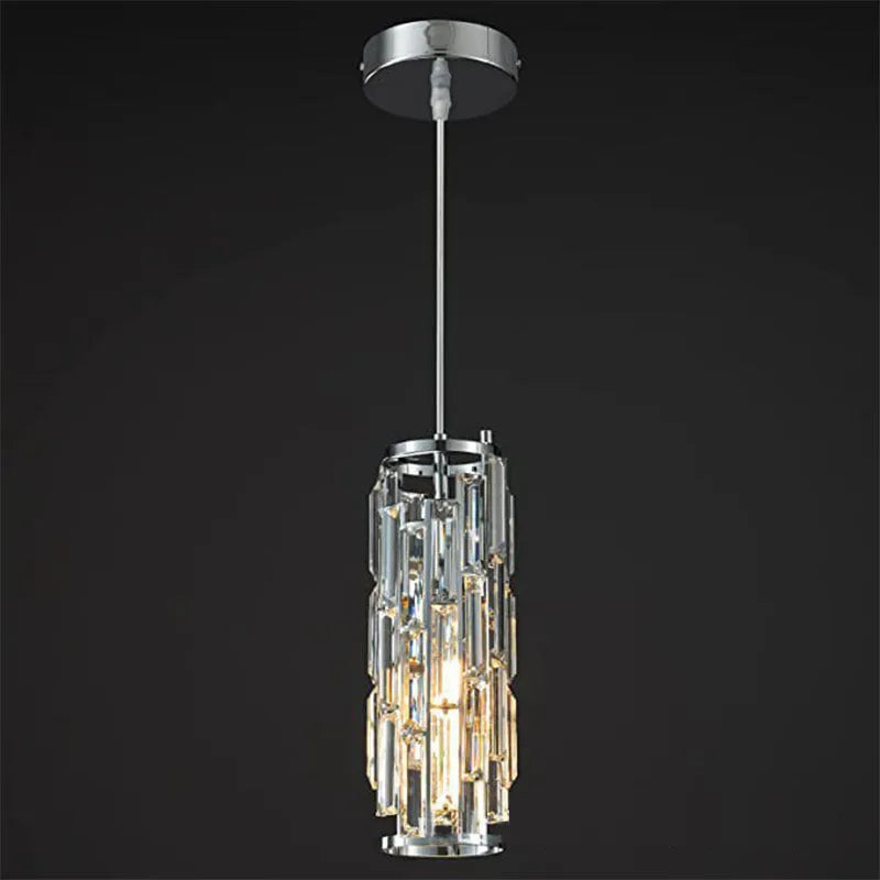 Industrial style crystal LED single head droplight pendant light in black, chrome, or gold finish.
