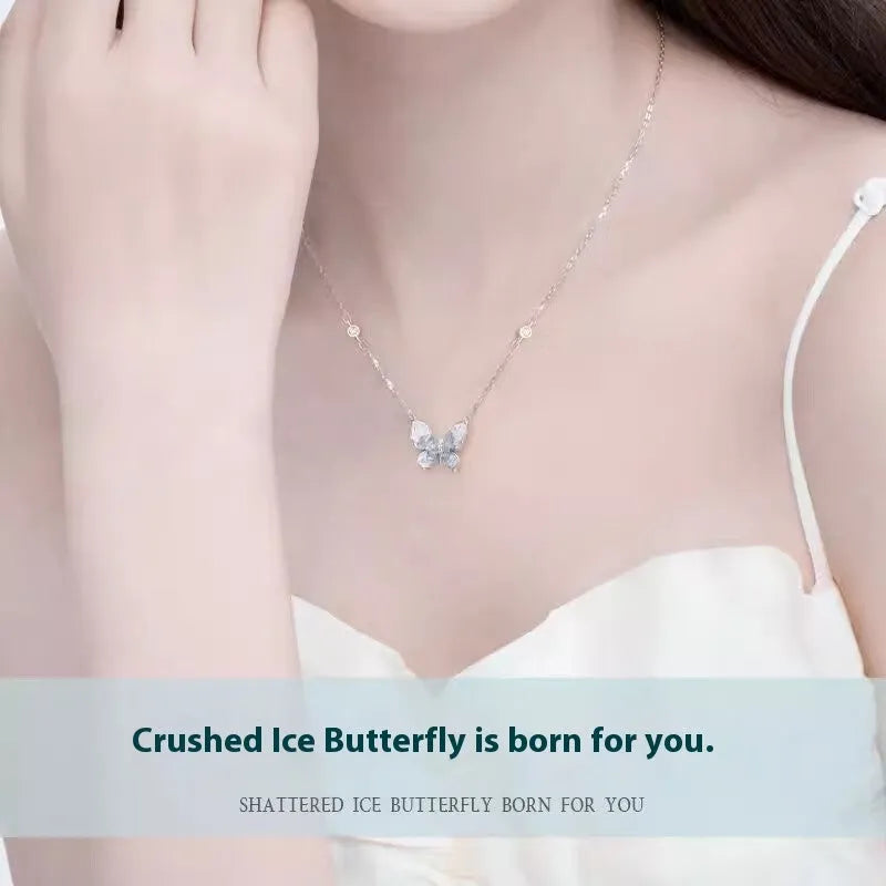 925 silver women's necklace with ice rain butterfly pendant on O-ring chain, adjustable 41-50cm length