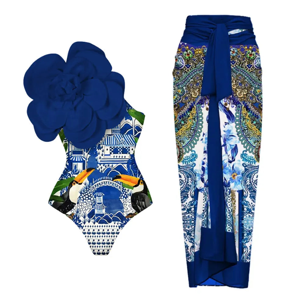 Black one-piece swimsuit with white three-dimensional flower design, form-fitting European American style.