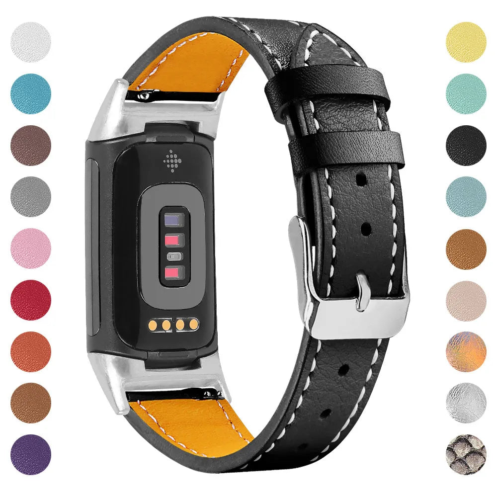 Genuine cowhide leather replacement strap for Fitbit Charge 5 and Charge 6 smart watches in multiple colours.