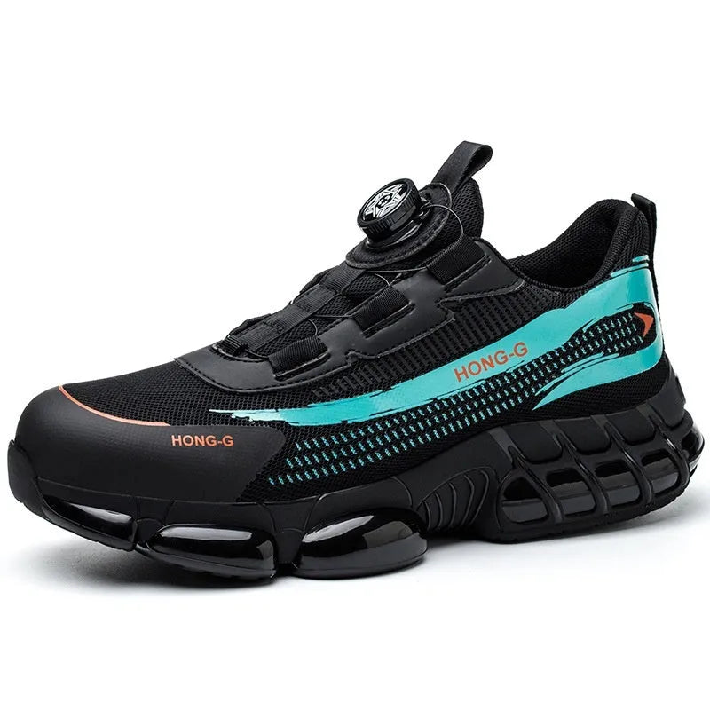Low-top lightweight work safety shoes with laces in black, grey, or blue, featuring a steel toe cap.