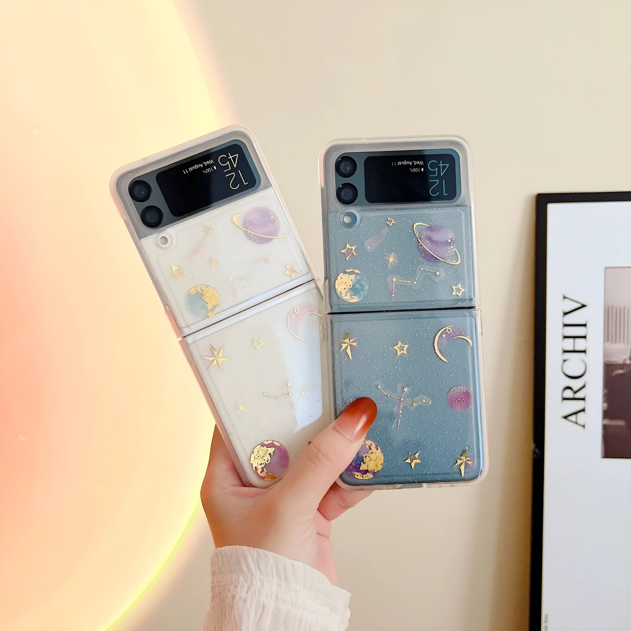 Drip glue rear phone case for Samsung ZFlip3 ZFlip4 with Star Moon pattern, shockproof, anti-drop, ins style