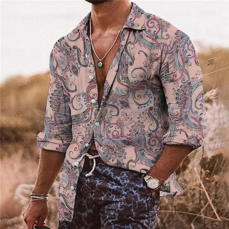 Men's loose fit long sleeve shirt with bohemian floral 3D pattern printing in polyester fabric