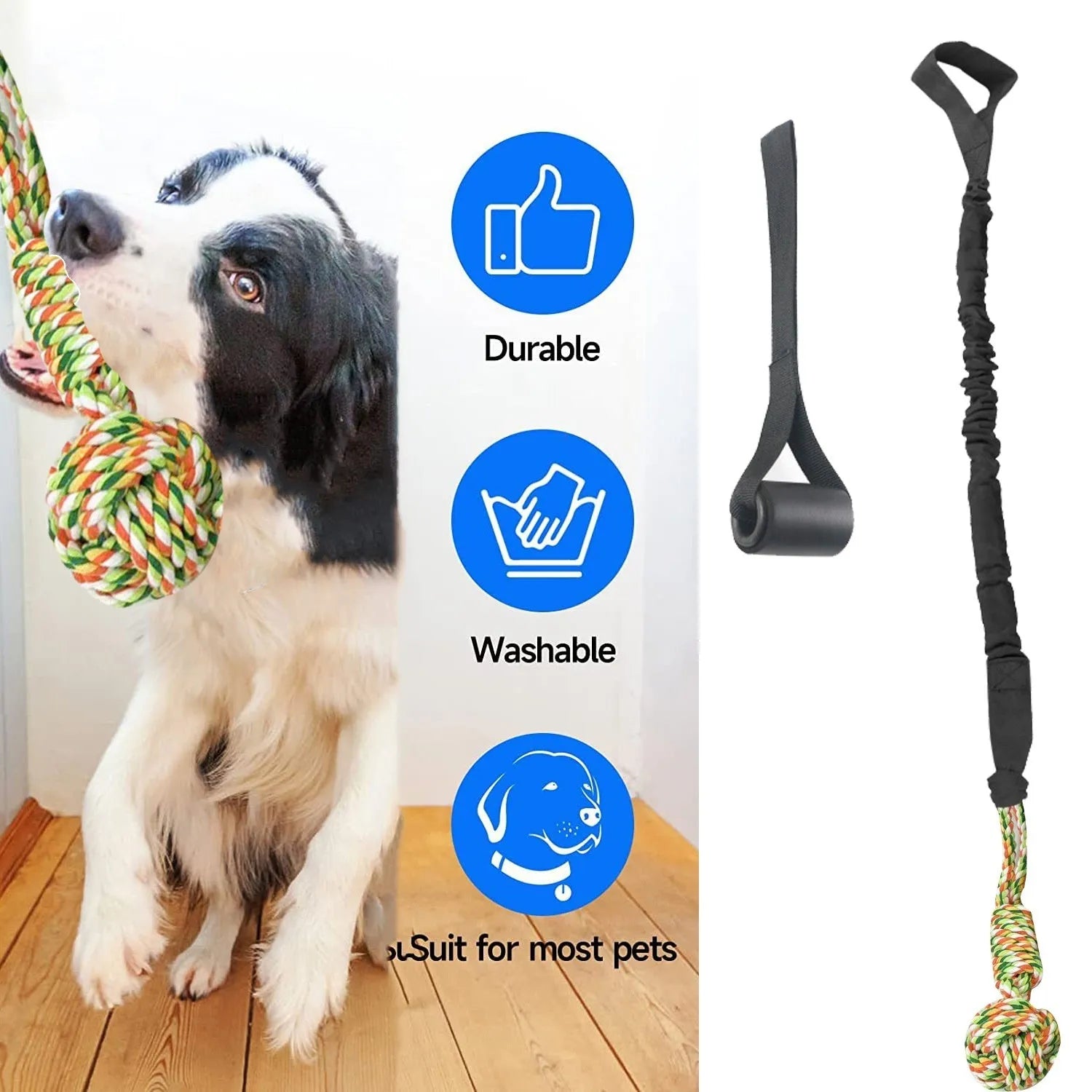 Cotton dog tug-of-war rope toy in black, grey or red colours for interactive play and dental grinding