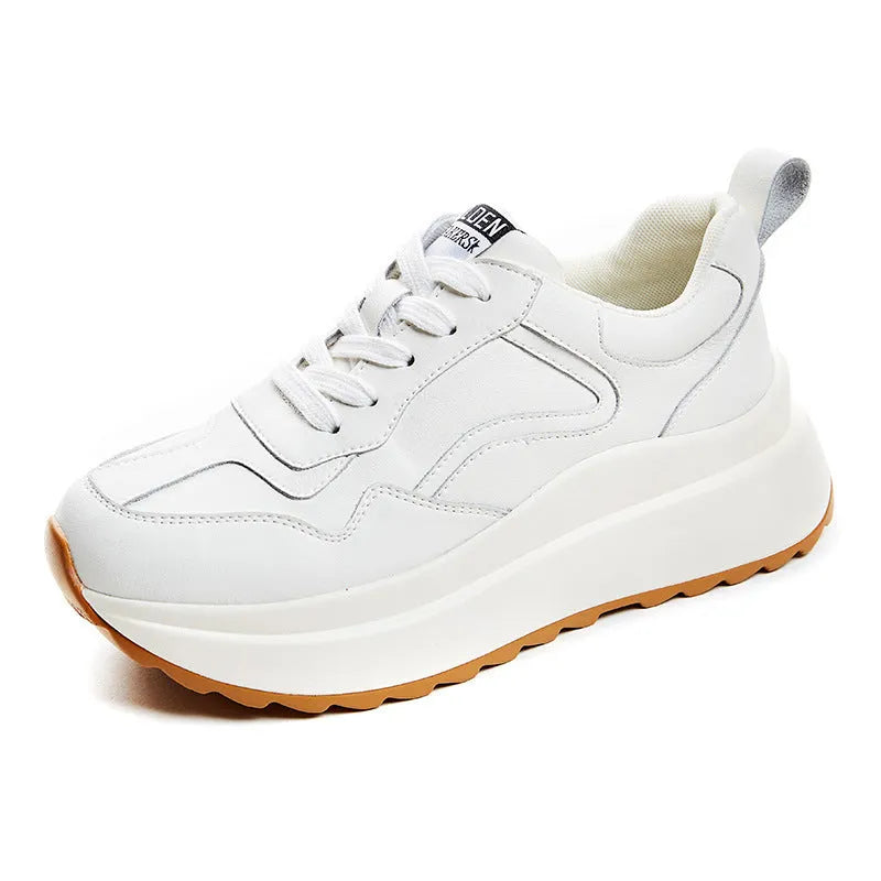 Women's white cowhide leather casual sports shoes with English muffin heel and cross strap front lace-up