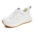 Women's white cowhide leather casual sports shoes with English muffin heel and cross strap front lace-up