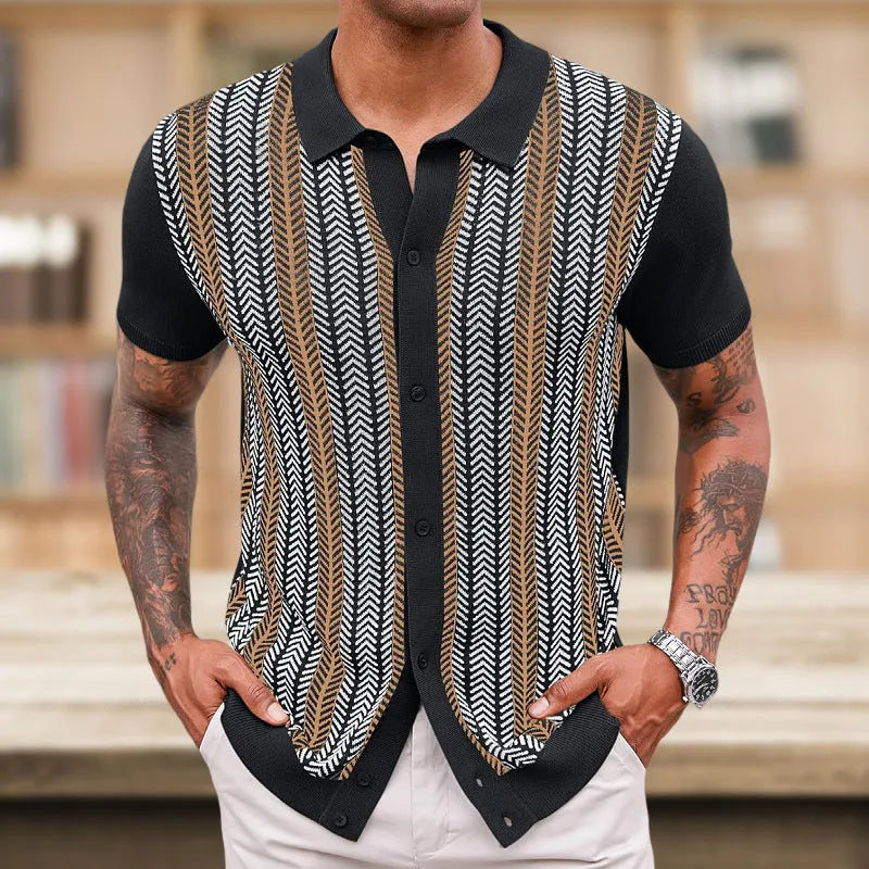 Men's casual striped jacquard sweater in green, short sleeves, regular fit, Tencel viscose blend, summer leisure wear