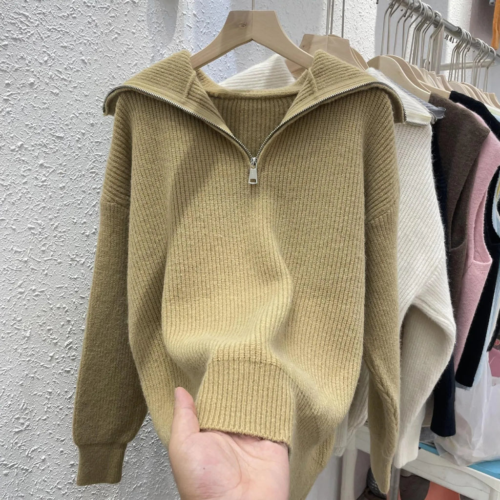 Women's loose fit polo collar viscose pullover sweater in solid colour with stitching detail