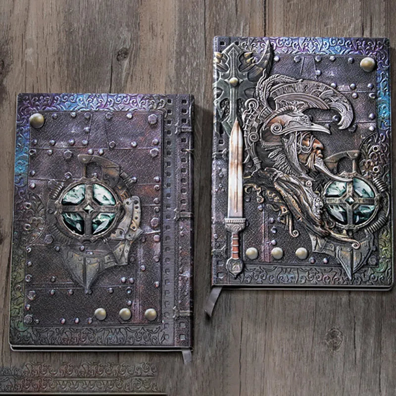 A5 leather notebook with an embossed 3D warriors relief design on the cover, shown open on paper pages.