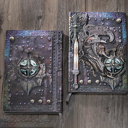 A5 leather notebook with an embossed 3D warriors relief design on the cover, shown open on paper pages.