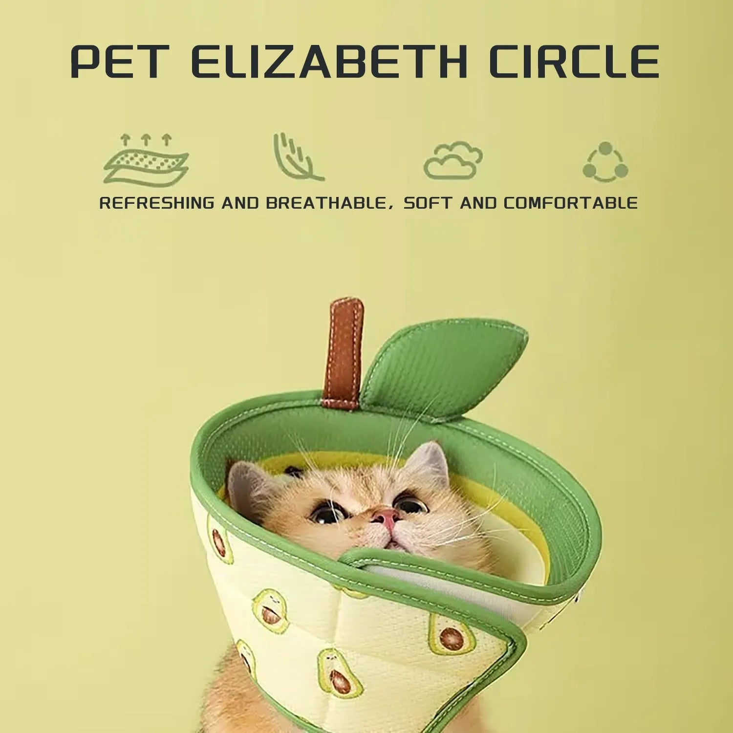 Soft EPE cat recovery cone collar with adjustable strap shown on a grey cat.