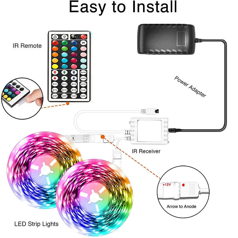 Bluetooth-controlled RGB LED strip light with remote and smartphone app
