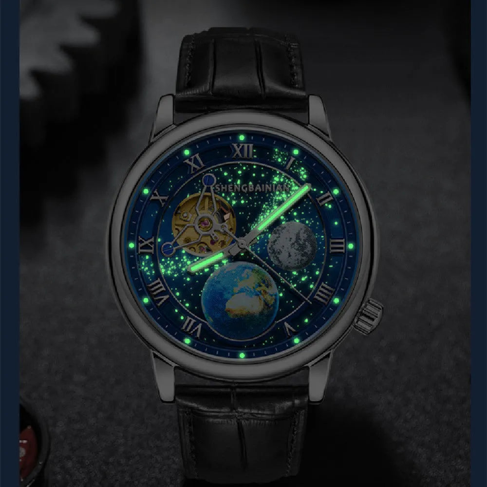 Men's mechanical watch with luminous earth starry dial, silver blue, 43mm metal case