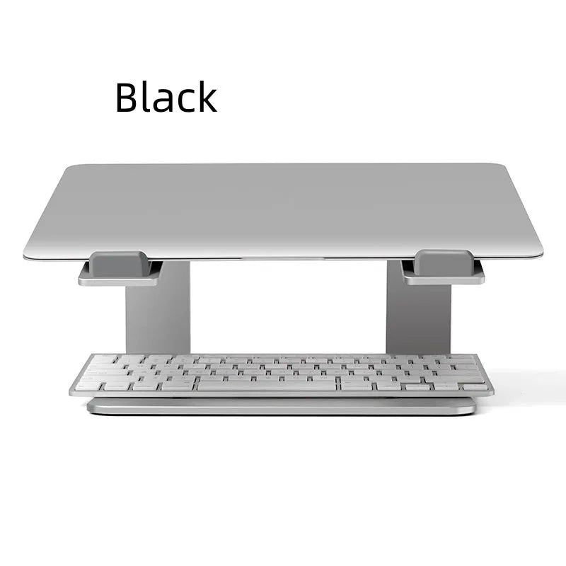 Black aluminium alloy foldable laptop stand with adjustable tilt on desktop
