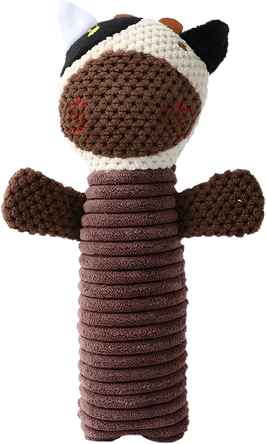 Squeaky stuffed animal dog chew toy in polyester fibre for dental care and chewing relief