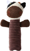 Squeaky stuffed animal dog chew toy in polyester fibre for dental care and chewing relief