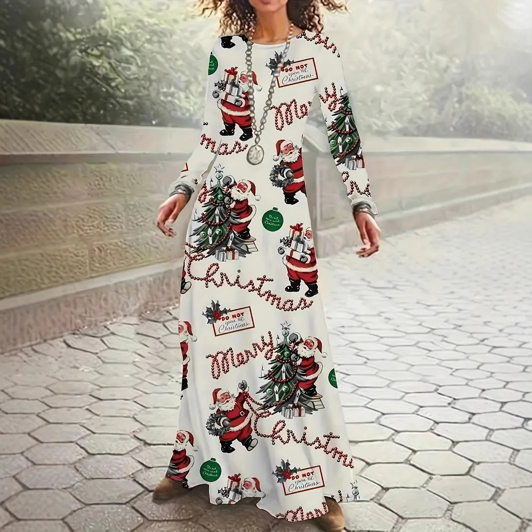 Santa Claus printed round neck long sleeve dress with leather stitching in polyester, available in beige, size M