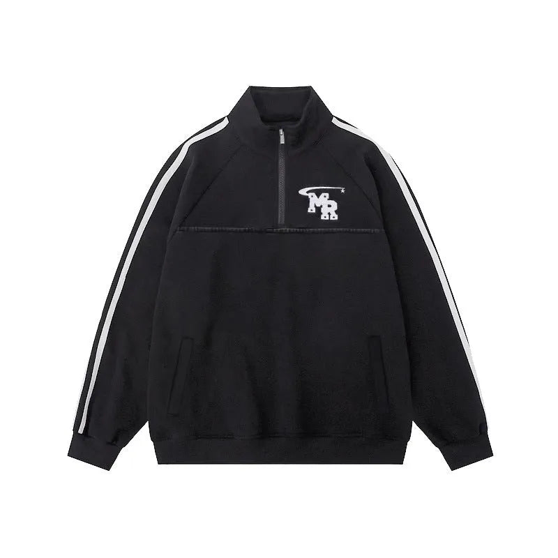 Men's black Hong Kong style polyester hoodie sweater with stand collar and long sleeves